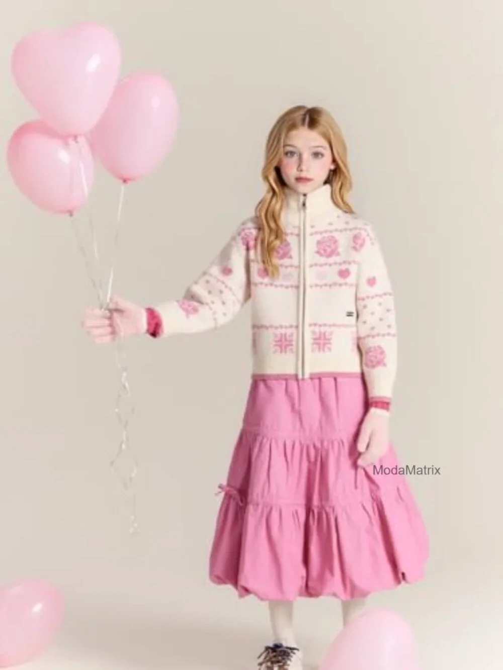 Girls Zip Up Cardigan Sweater Winter Knit Coat Rose Heart Design School Uniform
